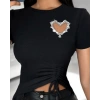 MDB Kadın Kısa Kollu Bisiklet Yaka Kalp Taş Detaylı Viskon Bluz