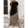 MDB Kadın Kısa Kollu Bisiklet Yaka Leopar Detaylı Midi üst Viskon Alt Süprem Elbise