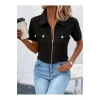 MDB Kadın Kısa Kollu Ceket Yaka önü Fermuarlı Cep Detay Kısa Kol Ithal Krep Bluz