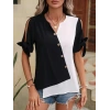 MDB Kadın Kısa Kollu Kollardan Bağlamalı önden Asimetrik Kesim çift Renk Detaylı Düğmeli Ithal Krep Bluz
