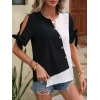 MDB Kadın Kısa Kollu Kollardan Bağlamalı önden Asimetrik Kesim çift Renk Detaylı Düğmeli Ithal Krep Bluz