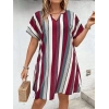 MDB Kadın Kısa Kollu V Yakalı çizgi Baskılı Süprem Elbise
