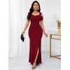 MDB Kadın Omuzlardan Açık Askılı Yırtmaç Detaylı Uzun Ithal Krep Elbise