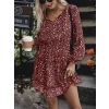 MDB Kadın Uzun Kollu V Yaka Bağcıklı Belden Gipeli çiçek Baskılı Kısa Süprem Elbise
