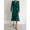 MDB Kadın Yeşil Krep Kumaş idi Boy Kuşaklı Uzunkol Elbise