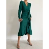 MDB Kadın Yeşil Krep Kumaş idi Boy Kuşaklı Uzunkol Elbise