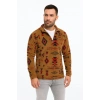 MDB Erkek Yarım Fermuarlı Desenli Polar weat Tribal Etnik Desen Yakalı, Uzun Kollu, Oversize Rahat Kalıp,  Kahverengi