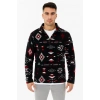 MDB Erkek Yarım Fermuarlı Desenli Polar weat Tribal Etnik Desen Yakalı, Uzun Kollu, Oversize Rahat Kalıp,  iyah
