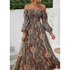 MDB Kadın Düşük Omuzlu Beli Büzgülü Dijital Desenli Kesik Elyaf Süprem Uzun Elbise
