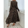 MDB Kadın Uzun Kollu Kruvaze Yaka Leopar Desenli Uzun Süprem Elbise