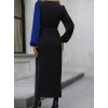 MDB Kadın Uzun Kollu Kruvaze Yakalı Belden çapraz Detaylı çift Renkli Midi Ithal Krep Elbise