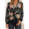 MDB Kadın Uzun Kollu Kruvaze Yakalı Kelebek Desenli şardonlu Dalgıç Bluz