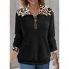 MDB Kadın Uzun Kollu Leopar Yakalı Fermuarlı Waffle Bluz