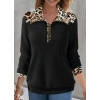 MDB Kadın Uzun Kollu Leopar Yakalı Fermuarlı Waffle Bluz