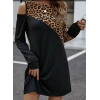 MDB Kadın Uzun Kollu Omuzdan Açık Leopar Desenli Viskon Iki Iplik Mini Elbise