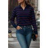 MDB Kadın Uzun Kollu V Yaka çizgili Triko Bluz