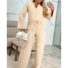 MDB Kadın Uzun Kollu V Yakalı Keten Bluz Bağcıklı Pantolon Ikili Takım