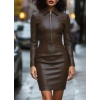 MDB Kadın Uzun Kollu Yakalı Fermuarlı Mini Deri Elbise