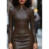 MDB Kadın Uzun Kollu Yakalı Fermuarlı Mini Deri Elbise