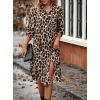 MDB Kadın Uzun Kollu Yakalı önden Düğmeli Leopar Desenli Modal Midi Elbise