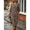 MDB Kadın Uzun Kollu Yakalı önden Düğmeli Leopar Desenli Modal Midi Elbise