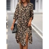 MDB Kadın Uzun Kollu Yakalı önden Düğmeli Leopar Desenli Modal Midi Elbise
