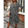 MDB Kadın Uzun Kollu Yakalı önden Düğmeli Leopar Desenli Modal Midi Elbise
