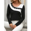 MDB Kadın Uzun Kollu Yuvarlak Yakalı çift Renkli Dantel Detaylı Viskon Bluz