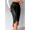 MDB Kadın Yüksek Bel Kuşaklı Yanlardan Düğmeli Mini Deri Etek