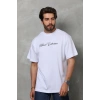MDB Unisex Bisiklet Yaka Baskılı Oversize Thirt  Beyaz