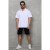 MDB Unisex Yarım Fermuarlı Düz Oversize Tshirt  Beyaz