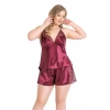 MDB MdbShop Büyük Beden Bordo Saten Babydoll Şort TakımI