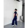 MDB Osy odal Yumuşak Dokulu Kumaş Kısa Kollu Crop Alt Ispanyol Paça Pantalon Ikili Takım  acivert