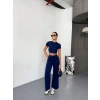 MDB Osy odal Yumuşak Dokulu Kumaş Kısa Kollu Crop Alt Ispanyol Paça Pantalon Ikili Takım  acivert