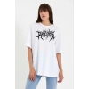 MDB Unisex Bisiklet Yaka Baskılı Oversize Thirt  Beyaz