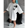 MDB Unisex Bisiklet Yaka Baskılı Oversize Thirt  Beyaz