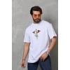 MDB Unisex Bisiklet Yaka Baskılı Oversize Thirt  Beyaz
