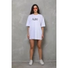 MDB Unisex Bisiklet Yaka Baskılı Oversize Thirt  Beyaz