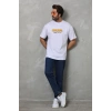 MDB Unisex Bisiklet Yaka Baskılı Oversize Thirt  Beyaz