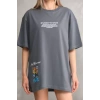 MDB Unisex Bisiklet Yaka Baskılı Oversize Thirt  Gri