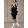 MDB Uzun Kollu Kruvaze Yaka çizgi Desenli Kısa Triko Elbise