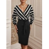 MDB Uzun Kollu Kruvaze Yaka çizgi Desenli Kısa Triko Elbise