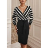 MDB Uzun Kollu Kruvaze Yaka çizgi Desenli Kısa Triko Elbise