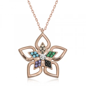 ​925 Ayar Gümüş Renkli Taşlı Çiçek Kadın Gümüş Kolye