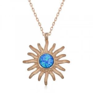 ​925 Ayar Gümüş Rose Mavi Opal Taşlı Güneş Kadın Kolye