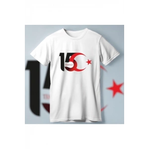 MDB 15 Temmuza Özel Tasarım Ay Yıldız Baskılı Tshirt  Beyaz