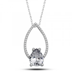 925 Ayar Gümüş Beyaz Taşlı Damla Kadın Gümüş Kolye