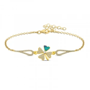 925 Ayar Gümüş Gold Nazarlı Yonca Bileklik