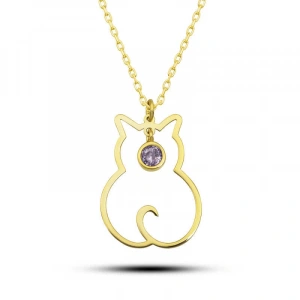925 Ayar Gümüş Haziran Ayı Doğum Taşı Kedi Kadın Kolye