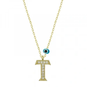 925 Ayar Gümüş Nazar Gold T Harfi Kadın Gümüş Kolye